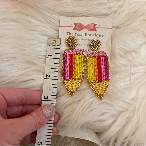 Pencil Bright Yellow & Pink Seed Beaded Teacher Statement Earrings - Picture 8 of 8